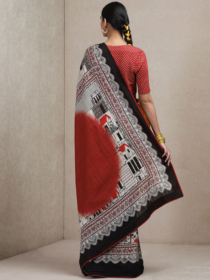 Black and Red Geometric Print Saree