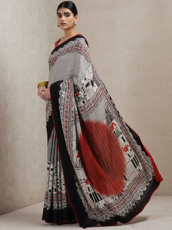 Black and Red Geometric Print Saree