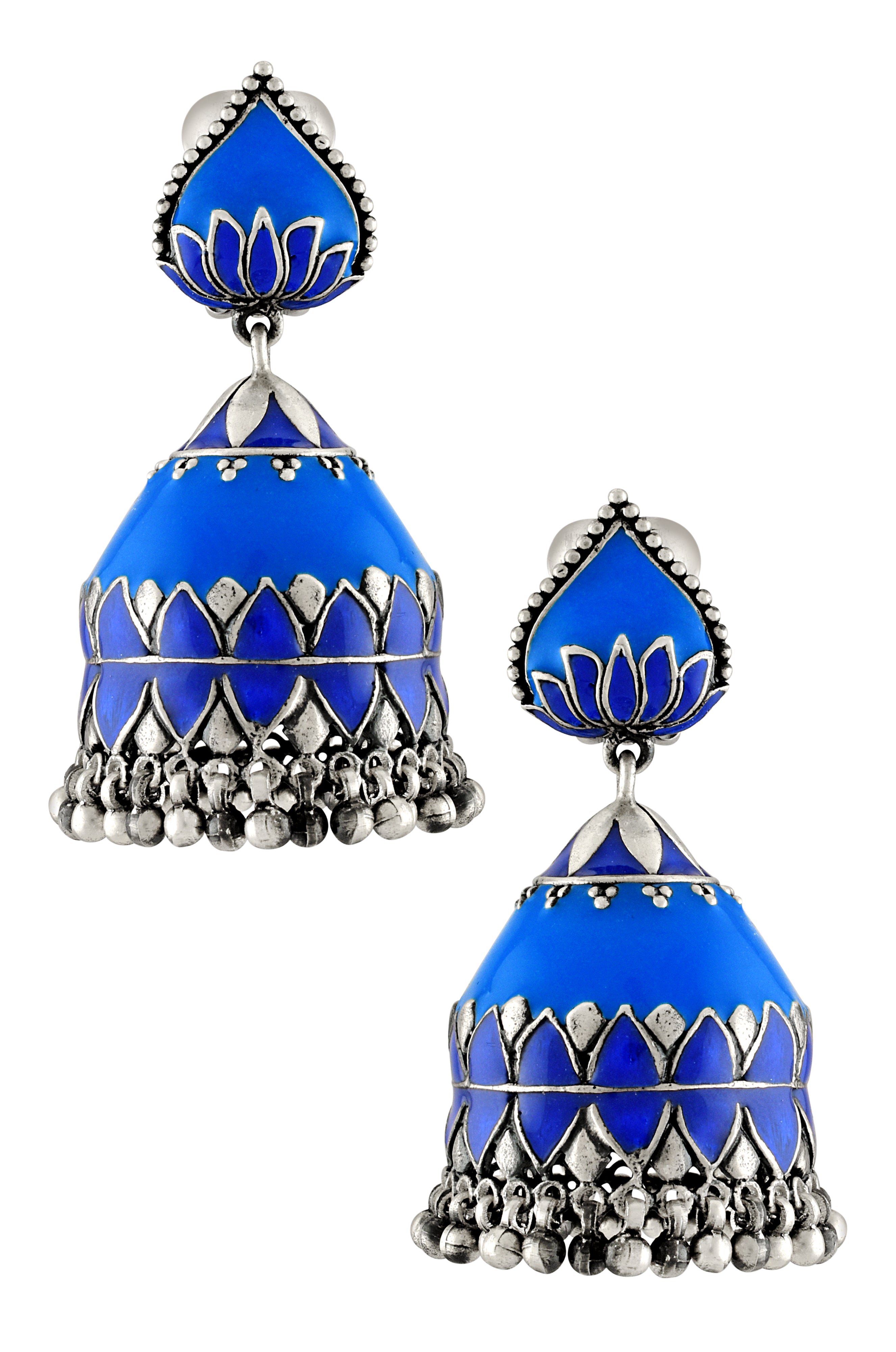 Silver Lotus Motif Blue Enamel Ball Droplet Jhumka