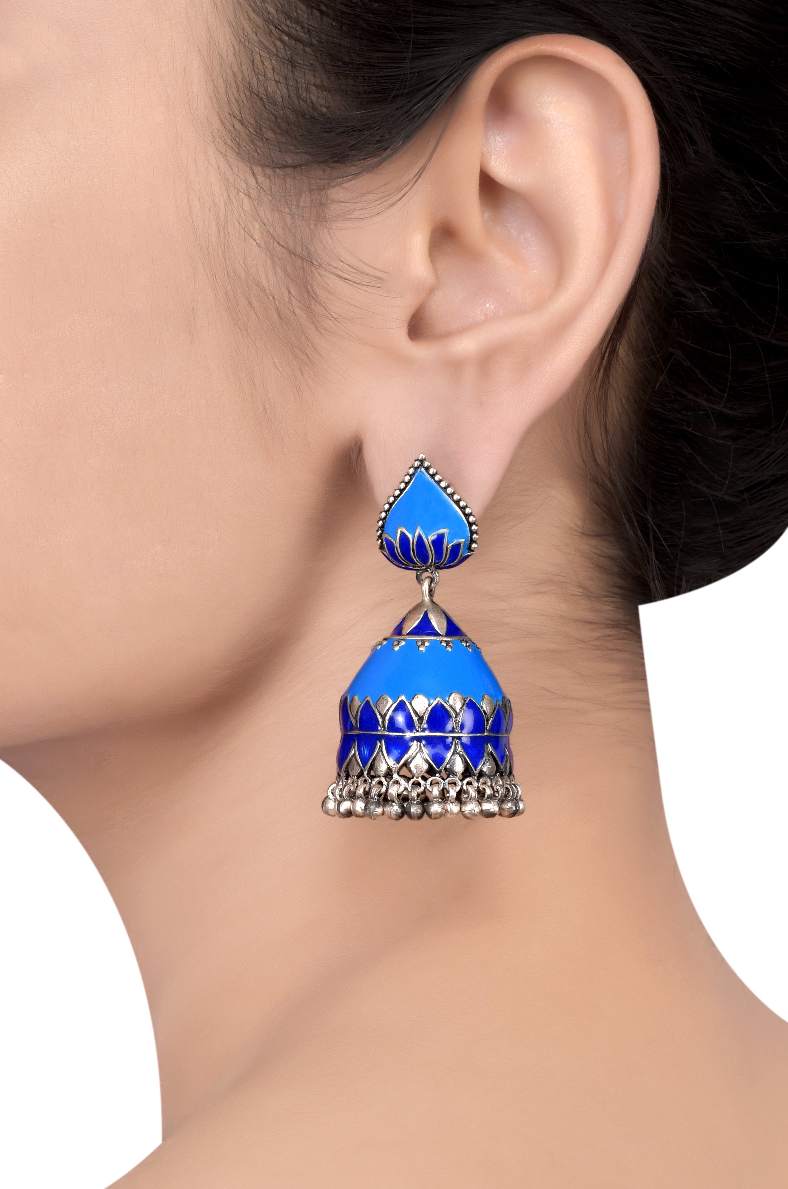 Silver Lotus Motif Blue Enamel Ball Droplet Jhumka