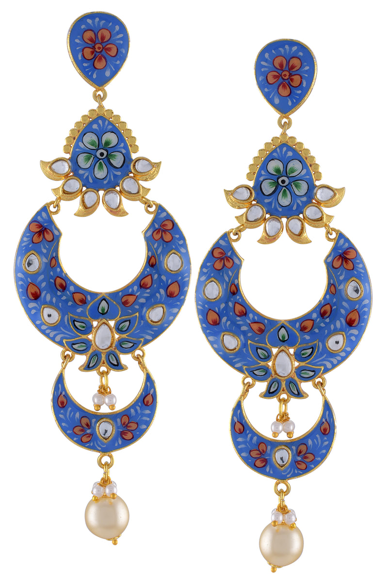 Gold Plated Blue Floral Enamelled Moon Pearl Earrings