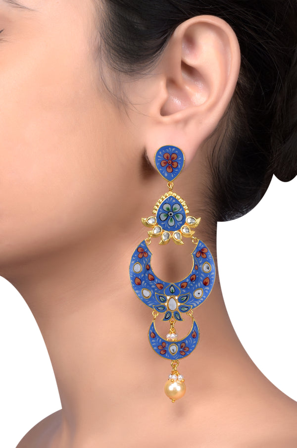 Gold Plated Blue Floral Enamelled Moon Pearl Earrings