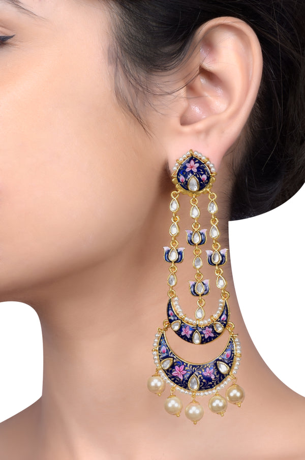 Gold Plated Blue Pink Enamelled Lotus Pearl Moon Earrings