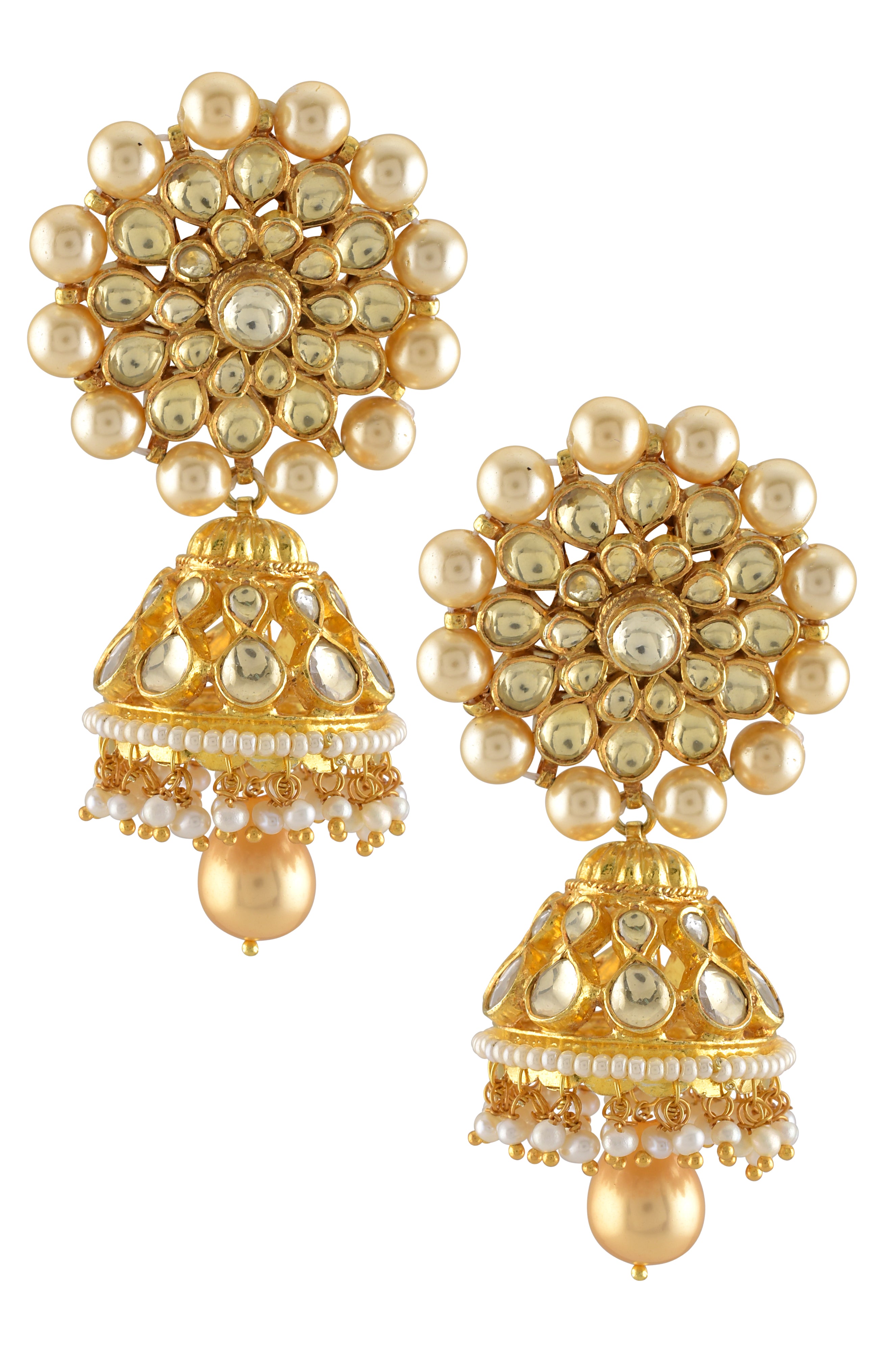 Silver Gold Plated Crystal Pearl Flower Jhumka Earrings
