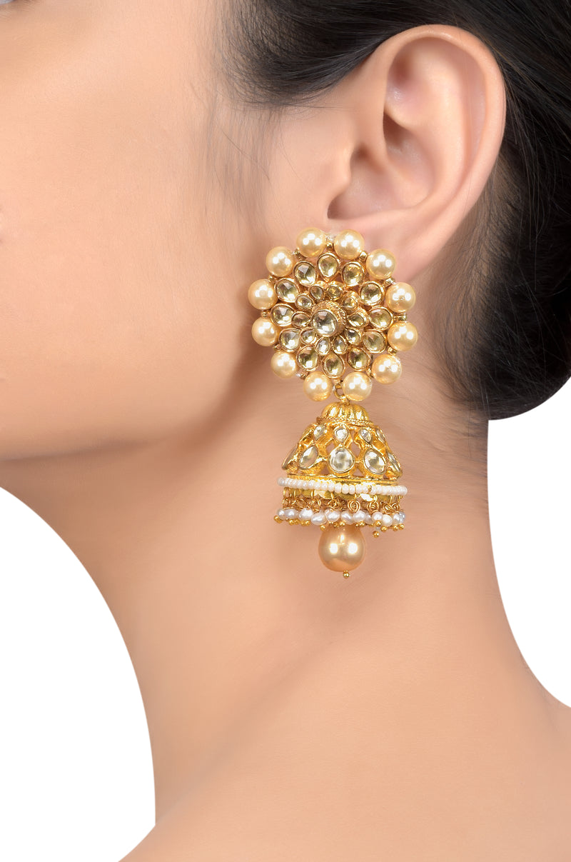 Silver Gold Plated Crystal Pearl Flower Jhumka Earrings