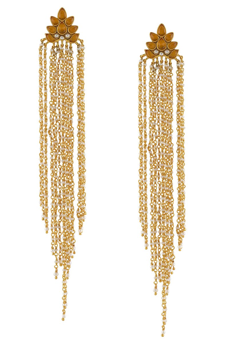 Silver Gold Plated Citrine Pearl Lotus Tassel Earrings