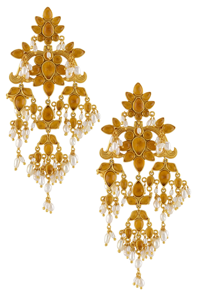 Silver Gold Plated Floral Citrine Pearl Drop Earrings