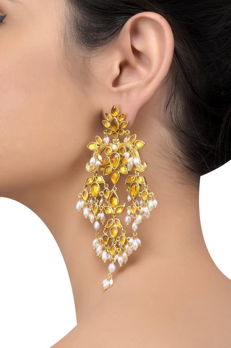 Silver Gold Plated Floral Citrine Pearl Drop Earrings
