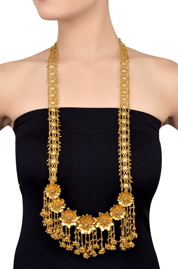 Silver Gold Plated Multi Flower Rawa Cluster Drop Long Necklace