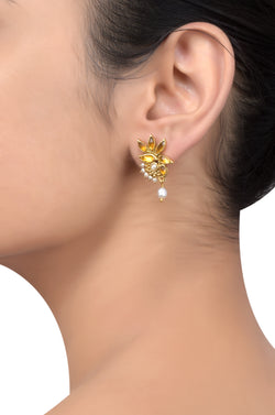 Silver Gold Plated Citrine Leaf Pearl Drop Earrings