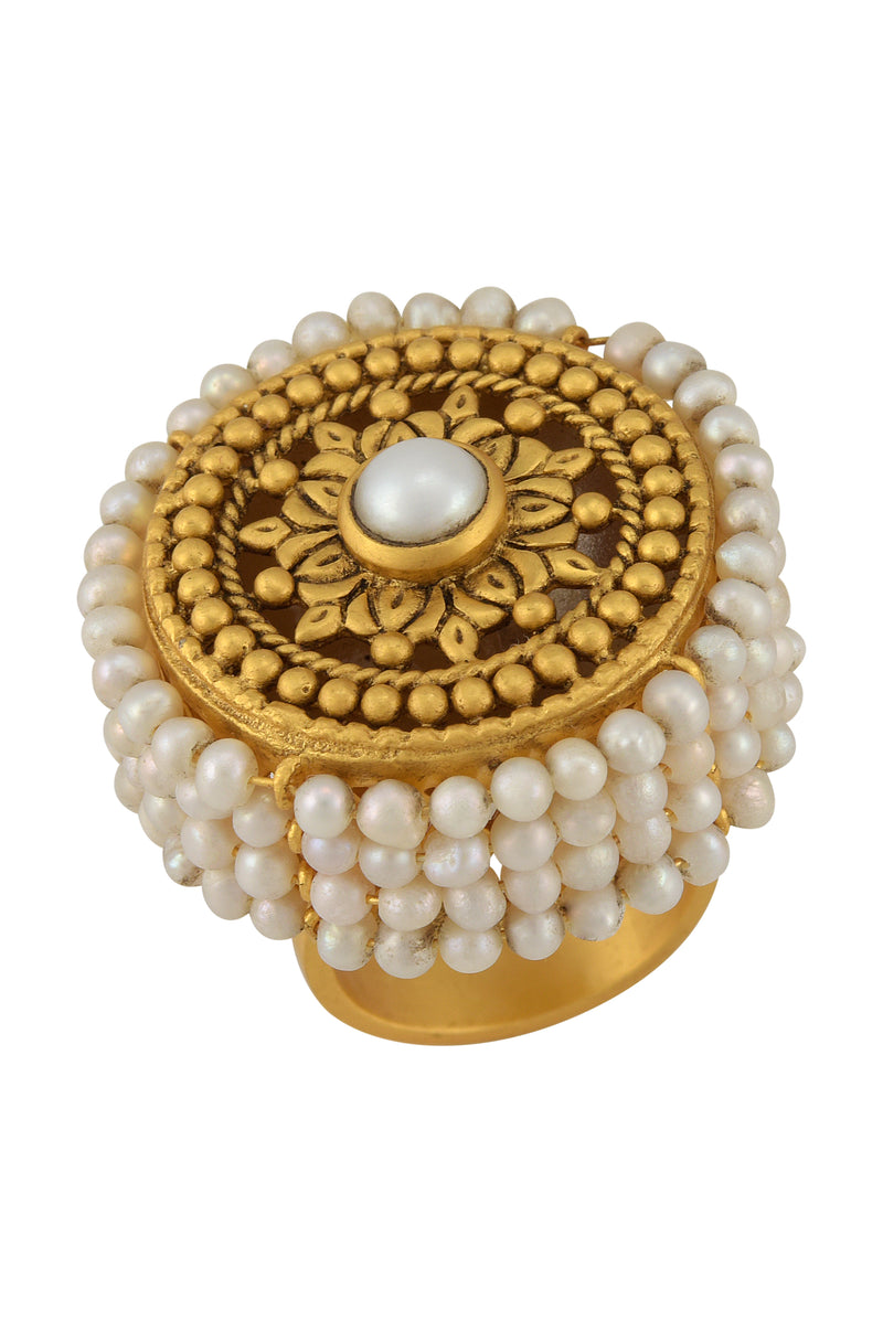 SILVER GOLD PLATED FLORAL PEARL LINED EMBELLISHMENT RING