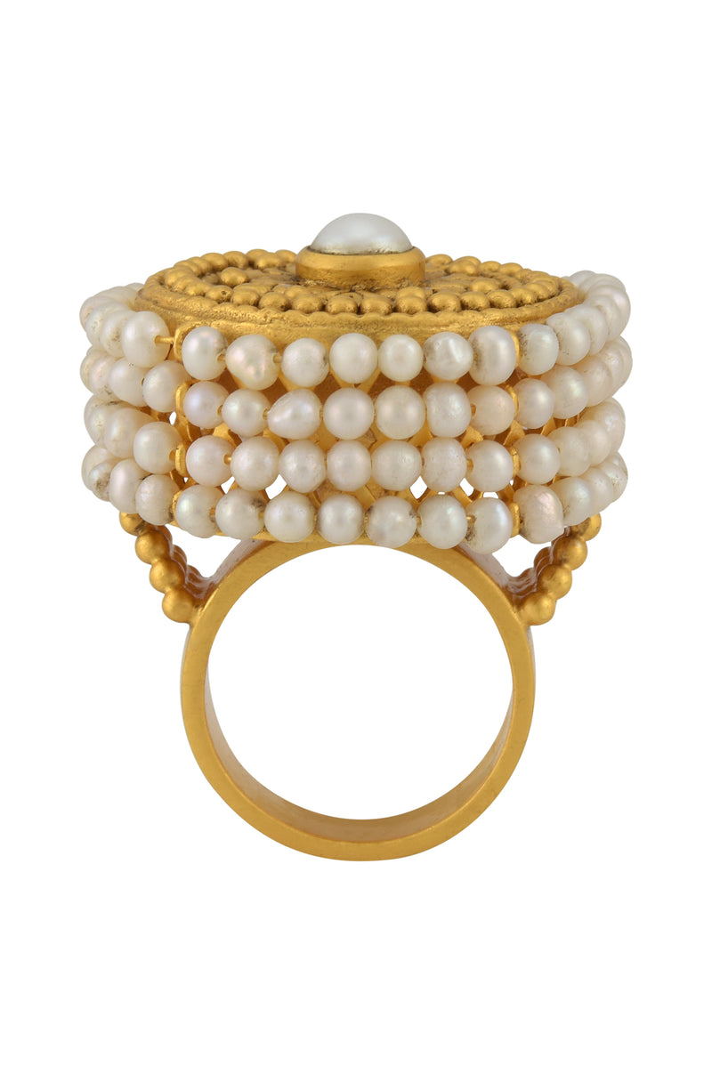 SILVER GOLD PLATED FLORAL PEARL LINED EMBELLISHMENT RING