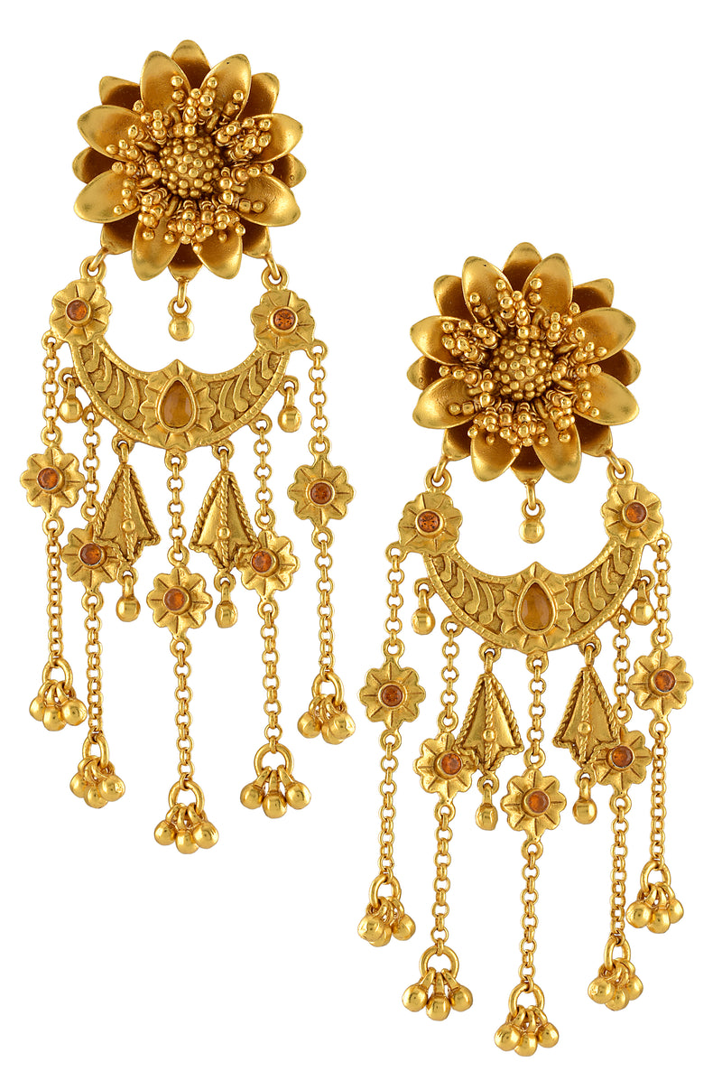 Silver Gold Plated Flower Citrine Tassel Earrings