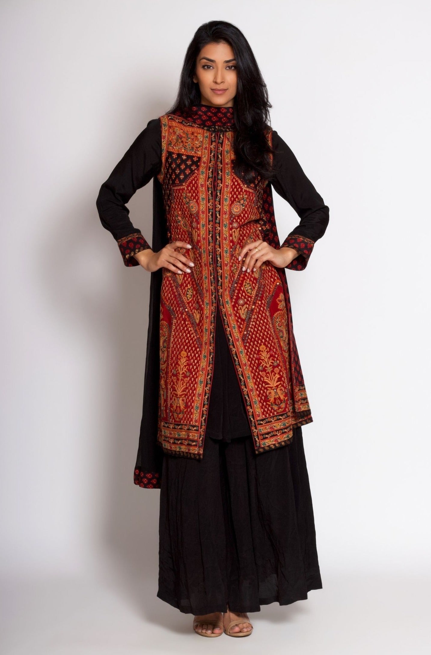 Black Kashida Jacket Kurta Dress Set