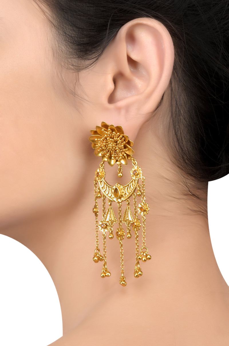 Silver Gold Plated Flower Citrine Tassel Earrings