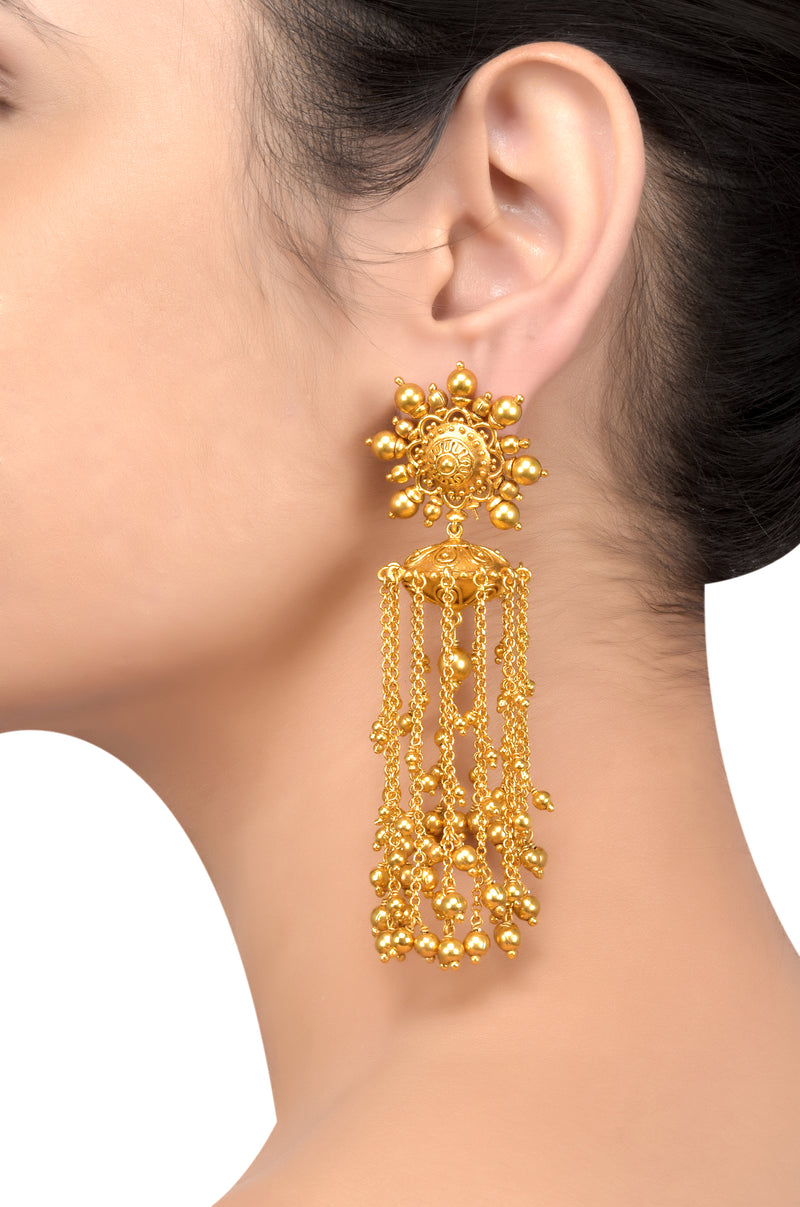 Silver Gold Plated Floral Tassel Rawa Ball Droplet Earrings