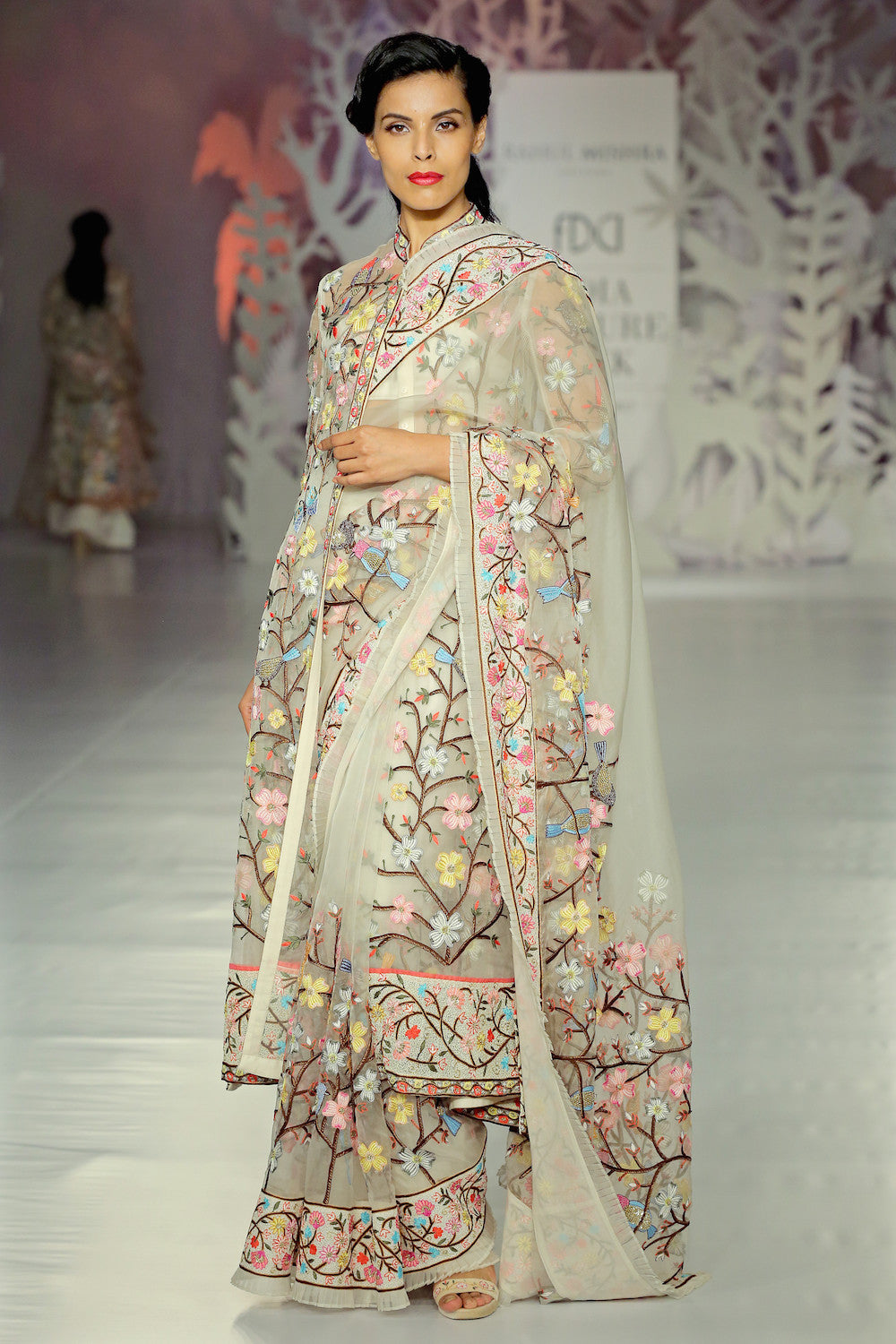 Hand embroidered cinnamon tree sparrow organza saree