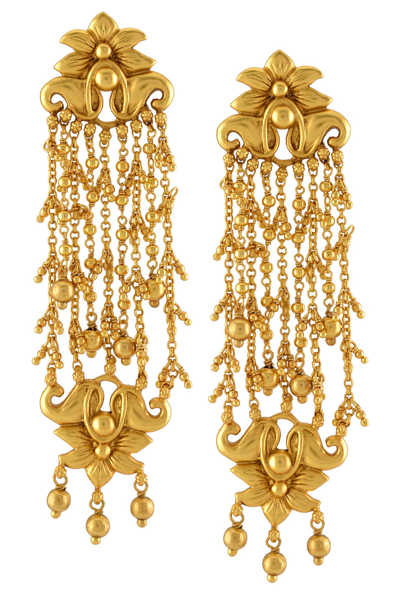 Silver Gold Plated Floral Chain Rawa Drop Earrings