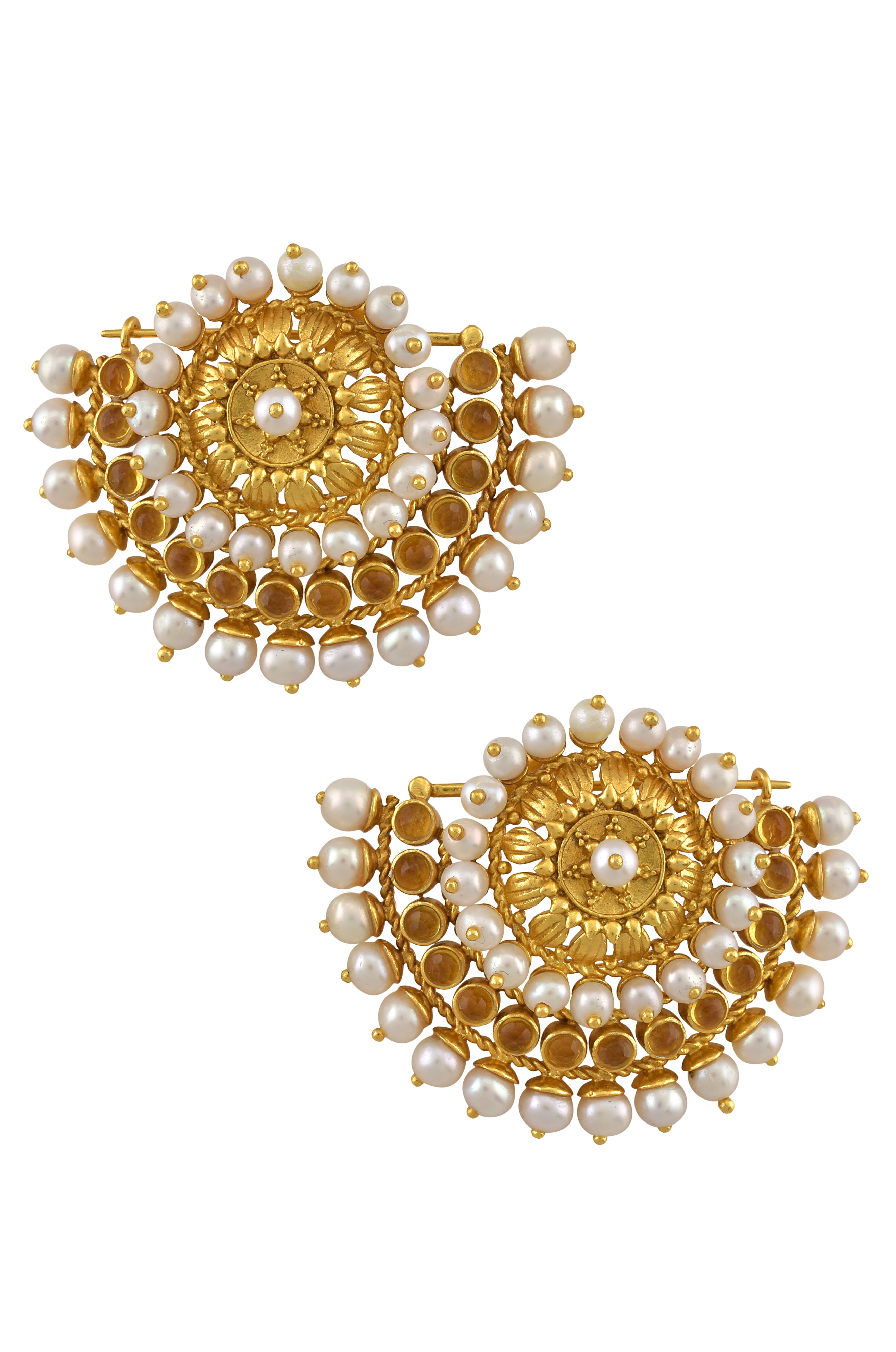 Silver Gold Plated Floral Citrine Pearl Moon Earrings
