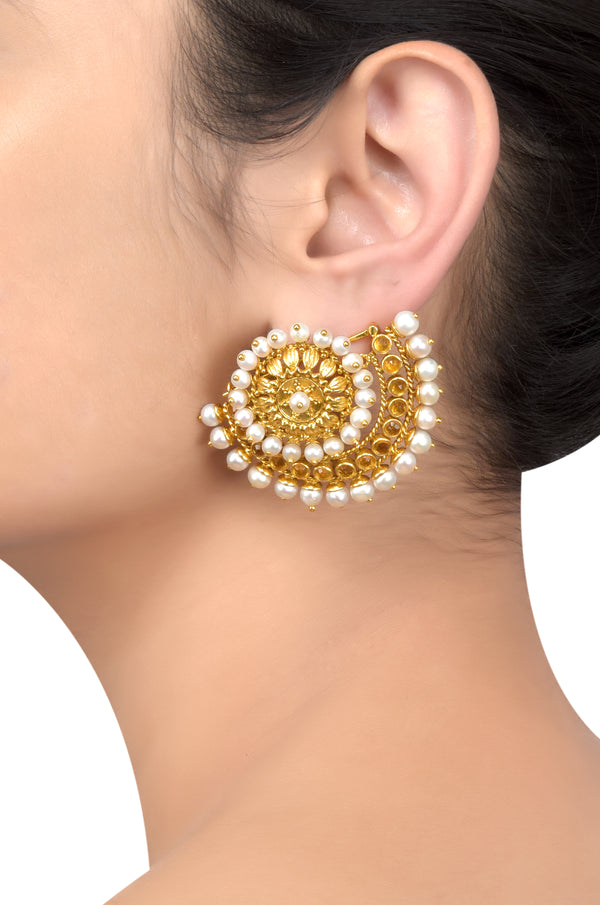 Silver Gold Plated Floral Citrine Pearl Moon Earrings