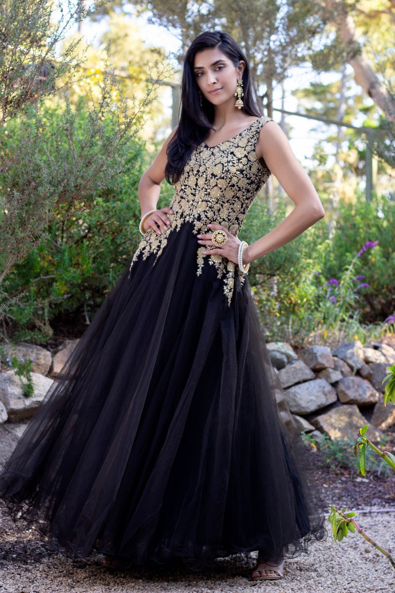 Black and Gold Embroidered Tulle Gown
