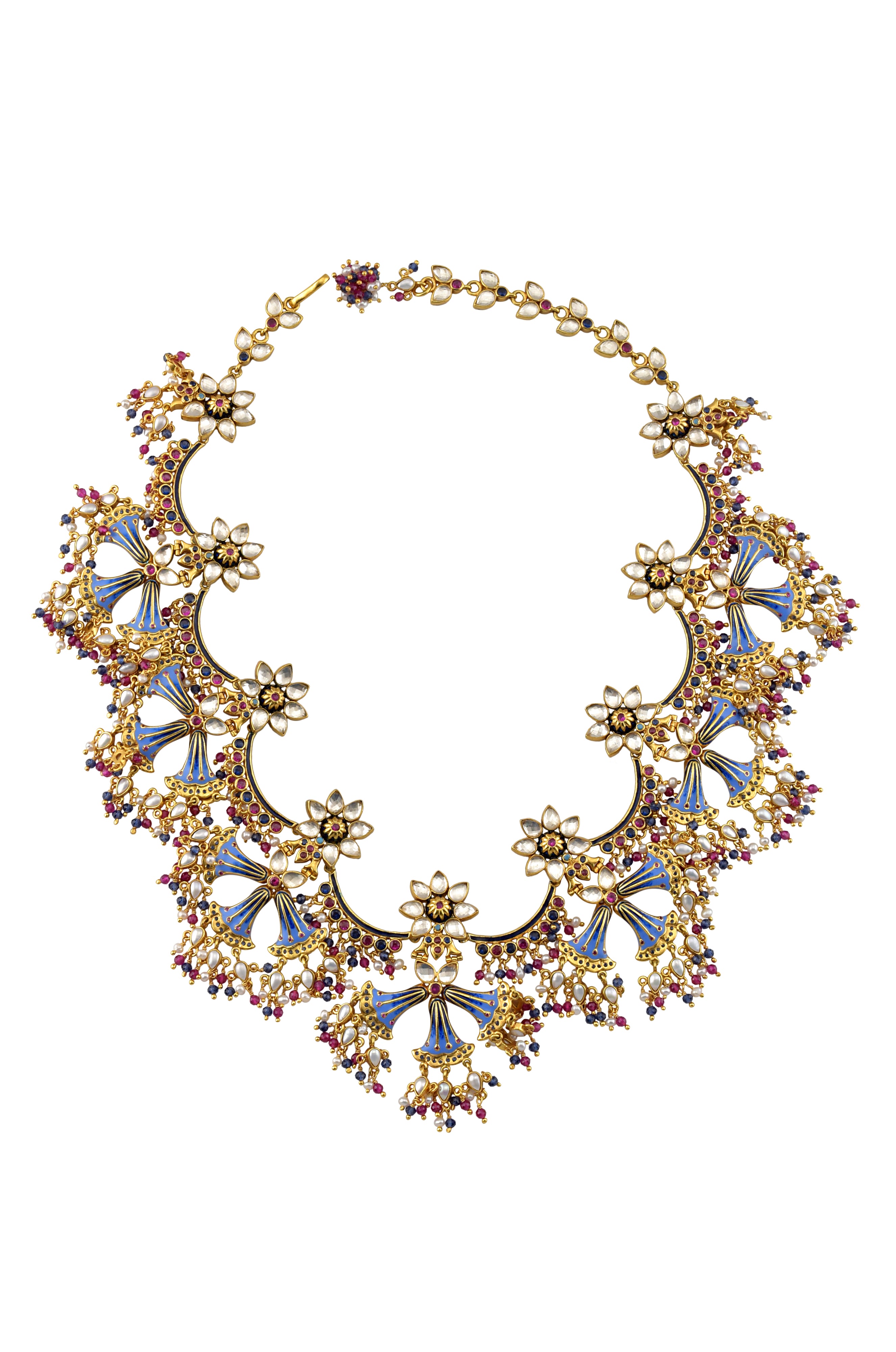 Silver Gold Plated Tulip Enamelled Multi Cystal Necklace