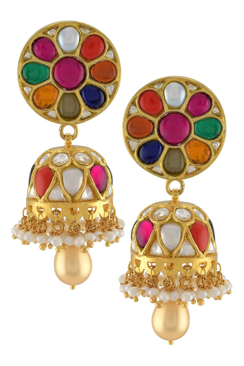 Silver Gold Plated Round Multicolor Jhumka Earrings