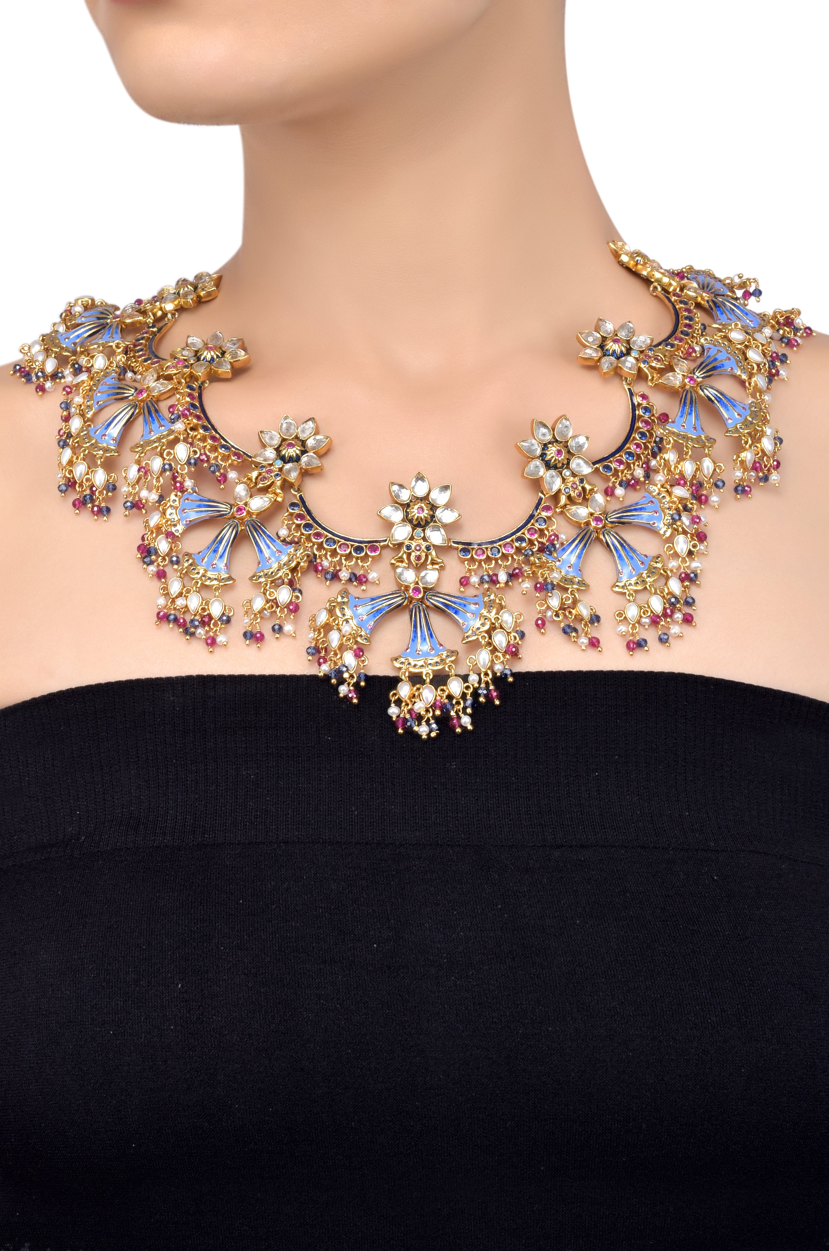 Silver Gold Plated Tulip Enamelled Multi Cystal Necklace