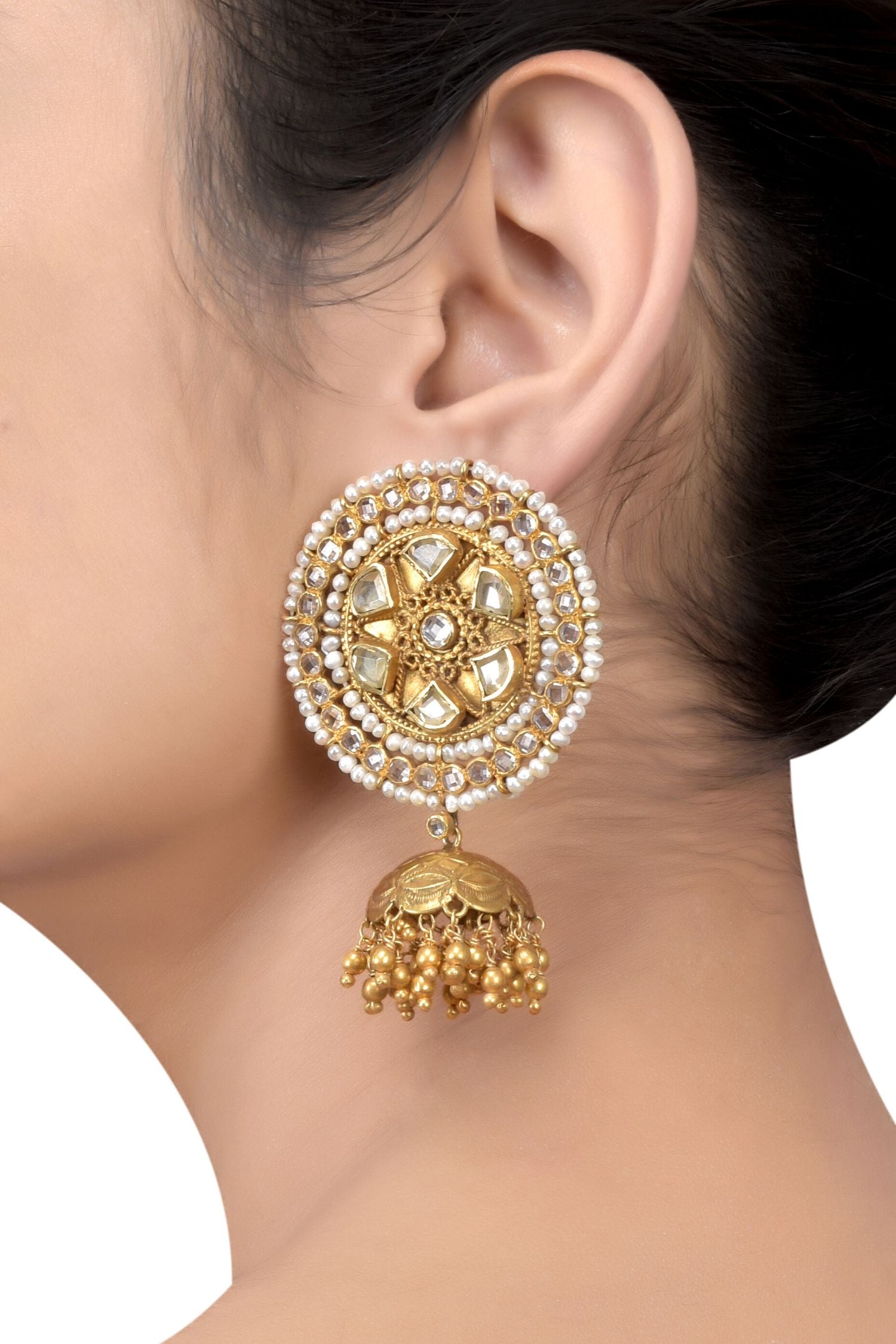 Silver Twisted Wire Pearl Crystal Bead Jhumki Earrings