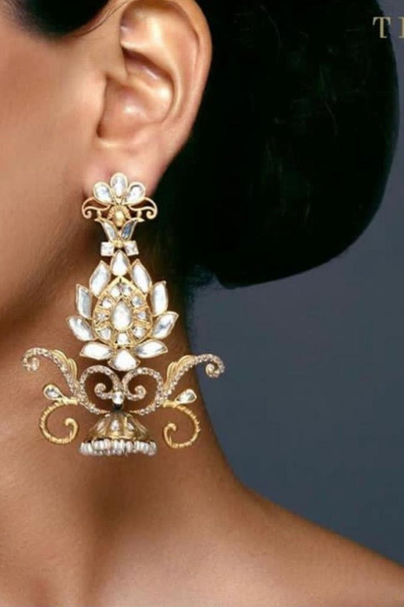 Silver Gold Plated Lotus Glass Pearl Lined Jhumki Earrings