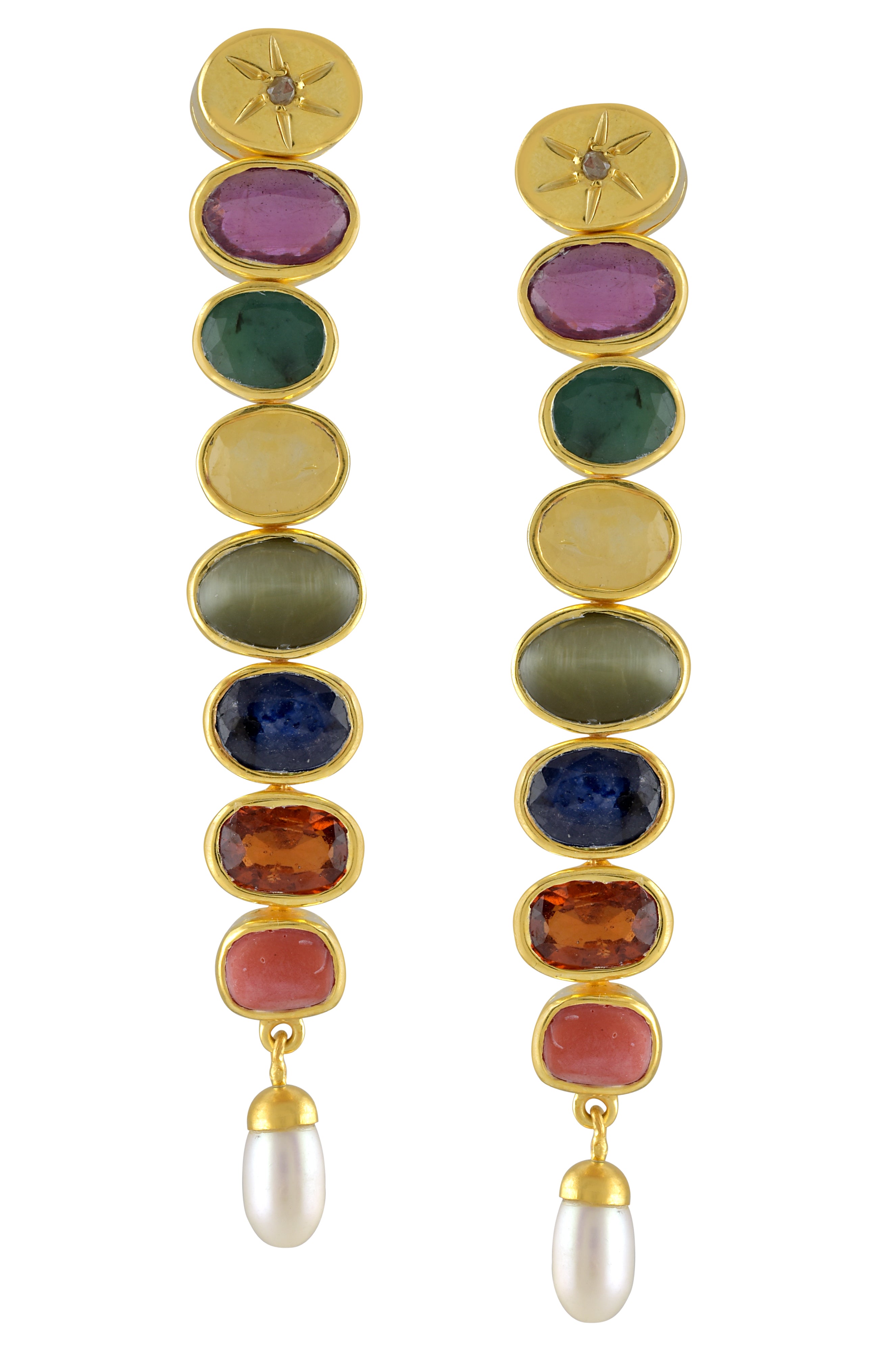 Silver Gold Plated Navratna Oval Star Earrings