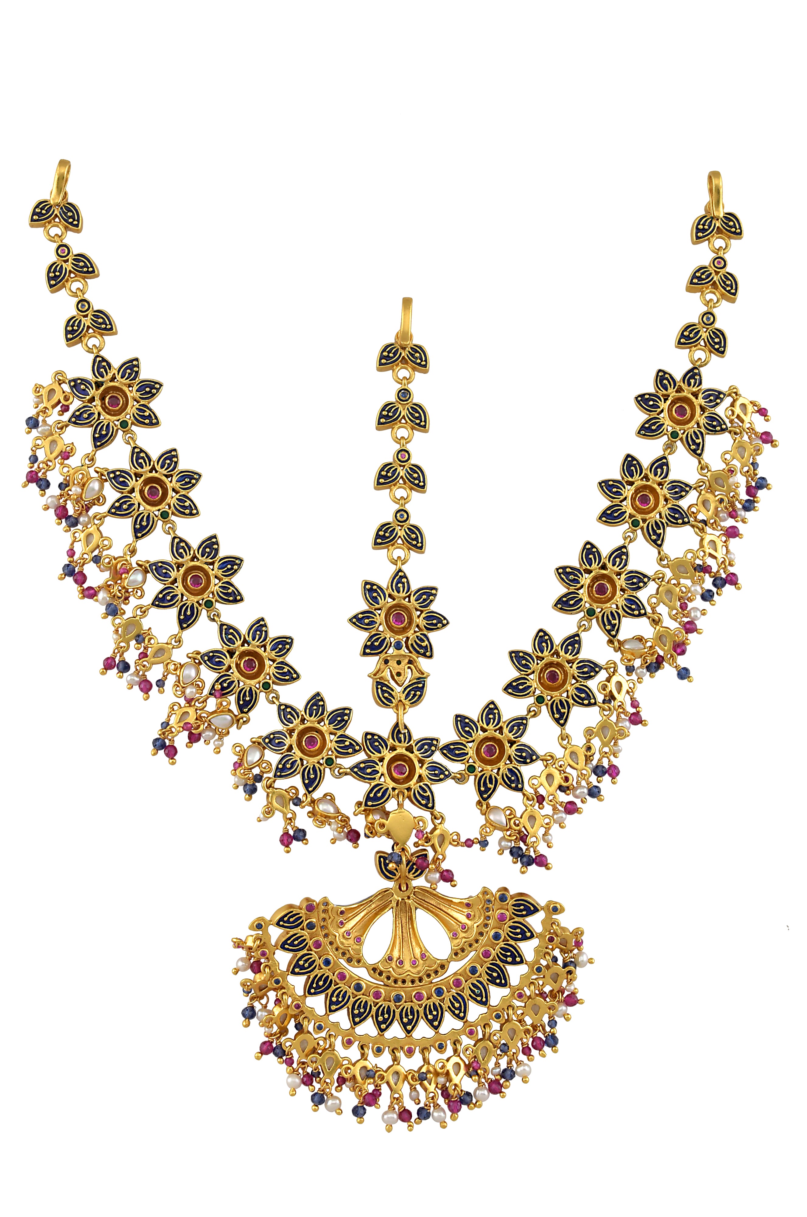 Silver Gold Plated Multi Floral Enamelled Crystal Pearl Moon Maathapatti