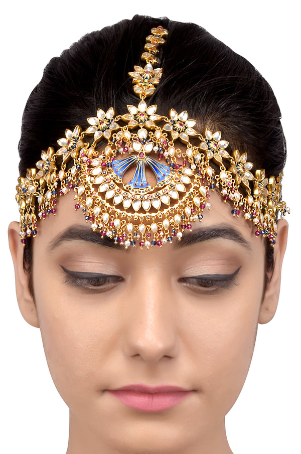 Silver Gold Plated Multi Floral Enamelled Crystal Pearl Moon Maathapatti