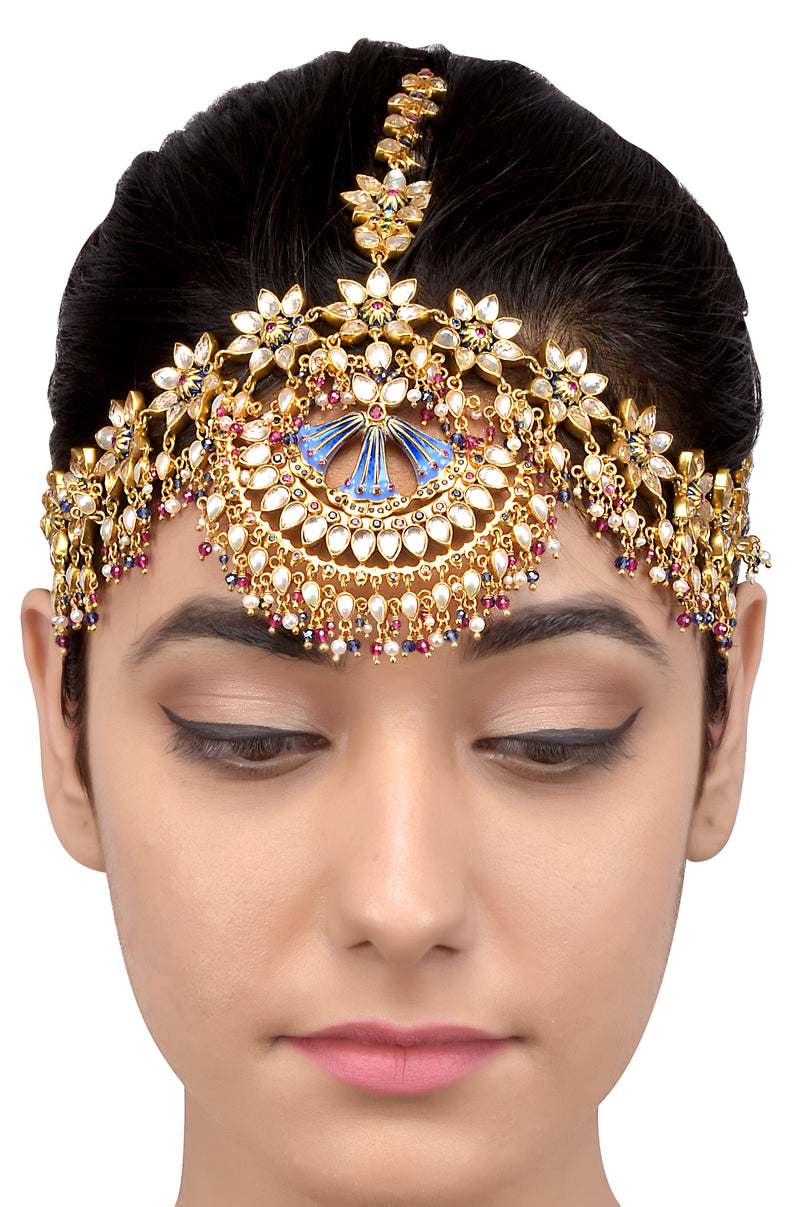 Silver Gold Plated Multi Floral Enamelled Crystal Pearl Moon Maathapatti