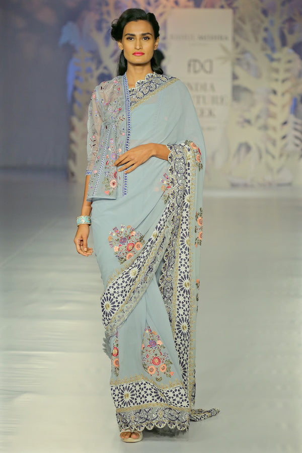 Hand embroidered phool buta blue and girikh saree