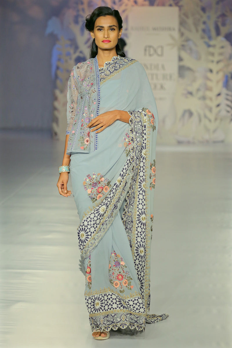 Hand embroidered phool buta blue and girikh saree