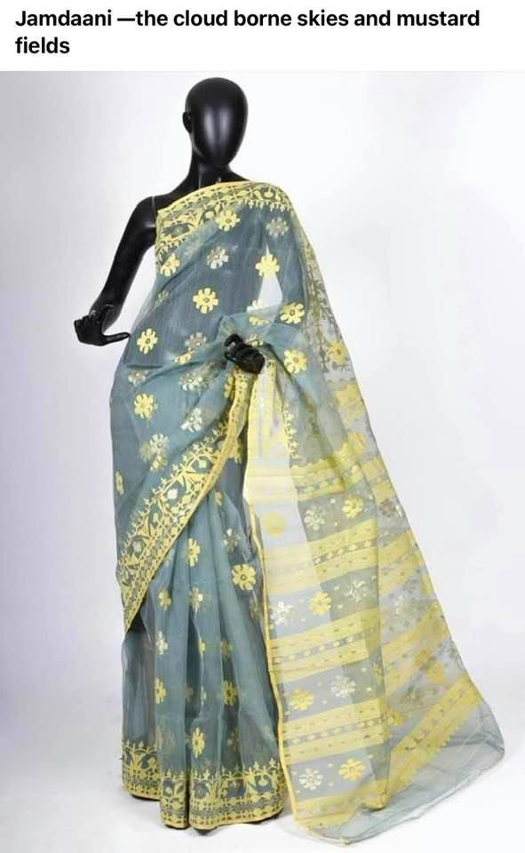 Jamdani of Cloud Laden Skies and Mustard Fields saree