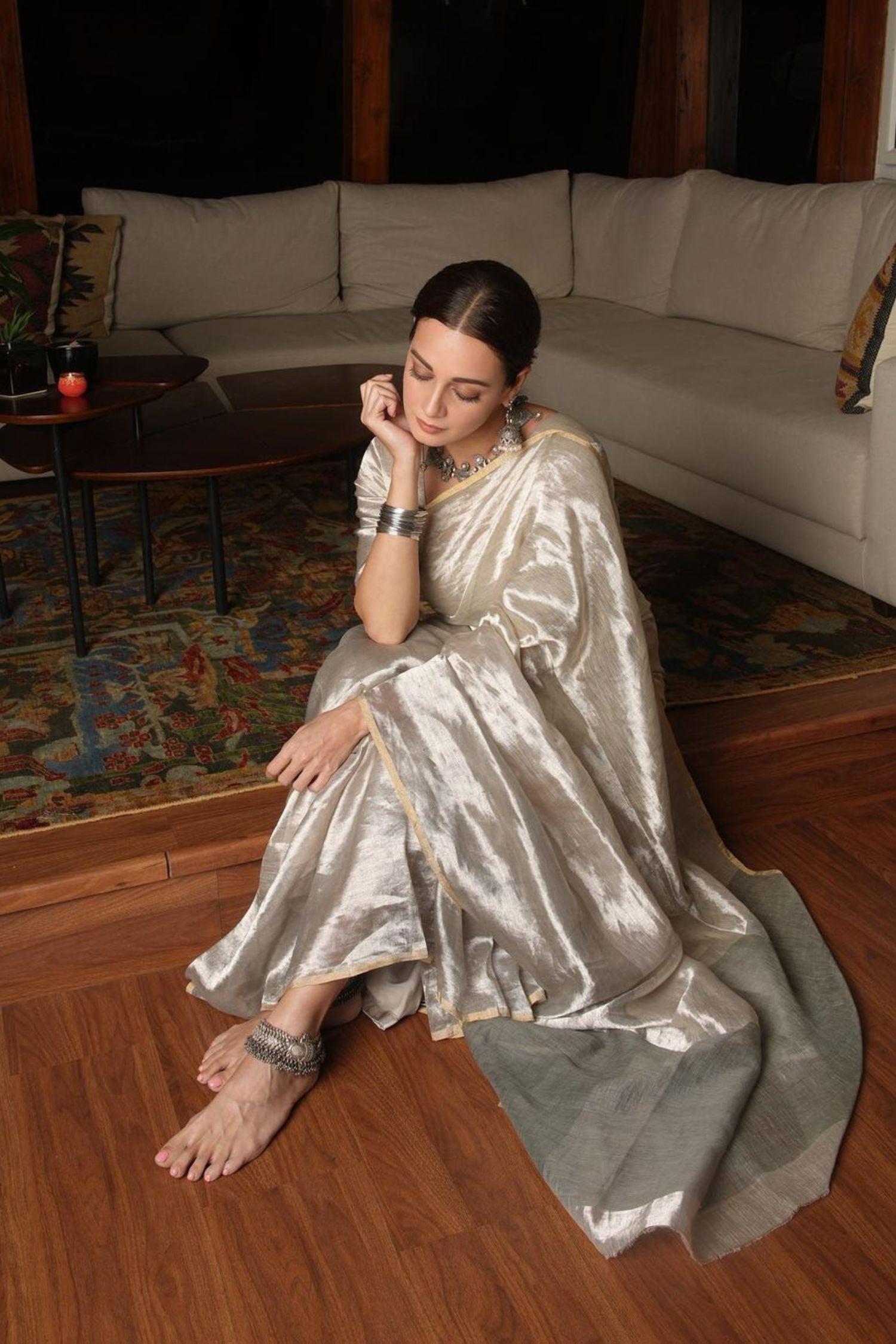Dia Mirza Silver Chanderi Saree