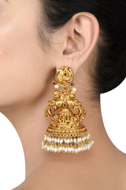 Silver Gold Plated Peacock Floral Devaya Pearl Jhumka Earrings
