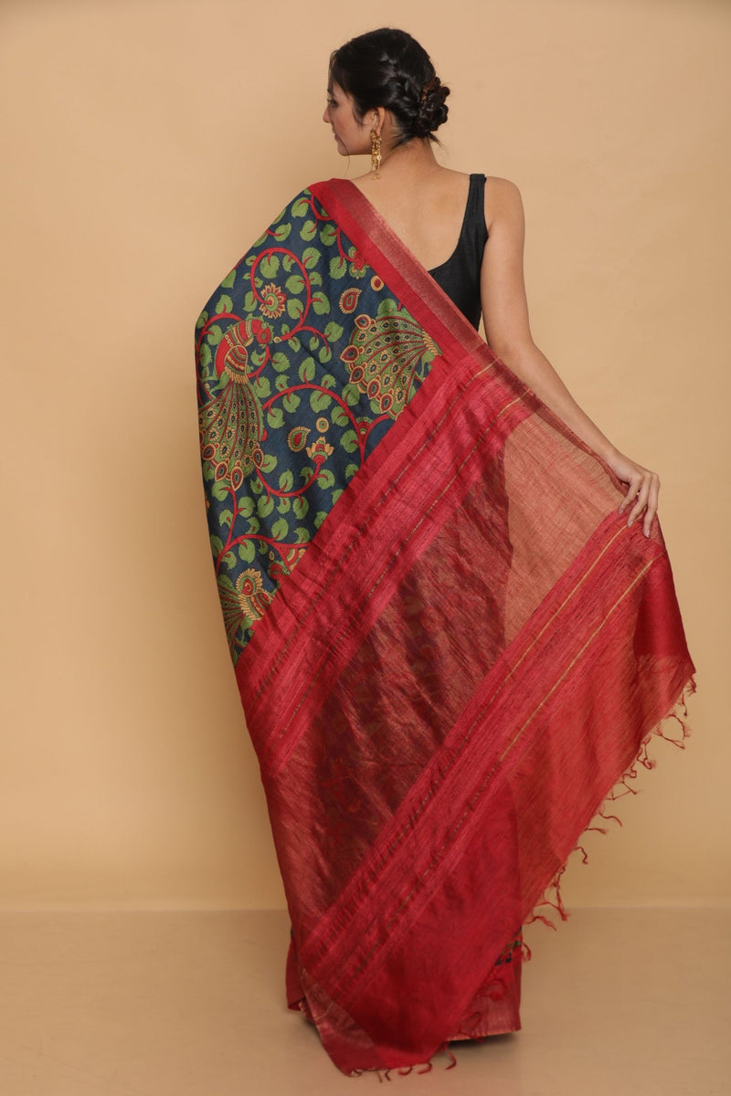 Blue Printed Tussar Saree