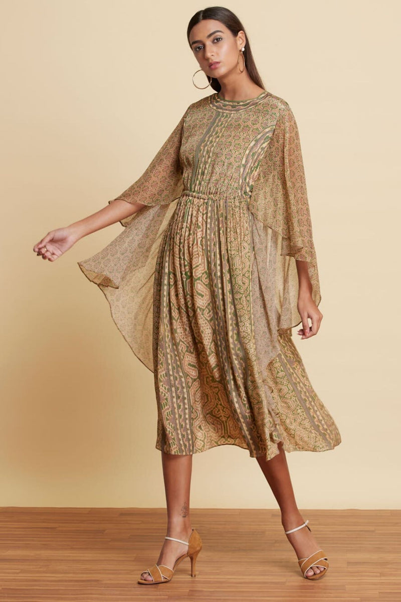 Beige and Green Abstract Printed Short Dress