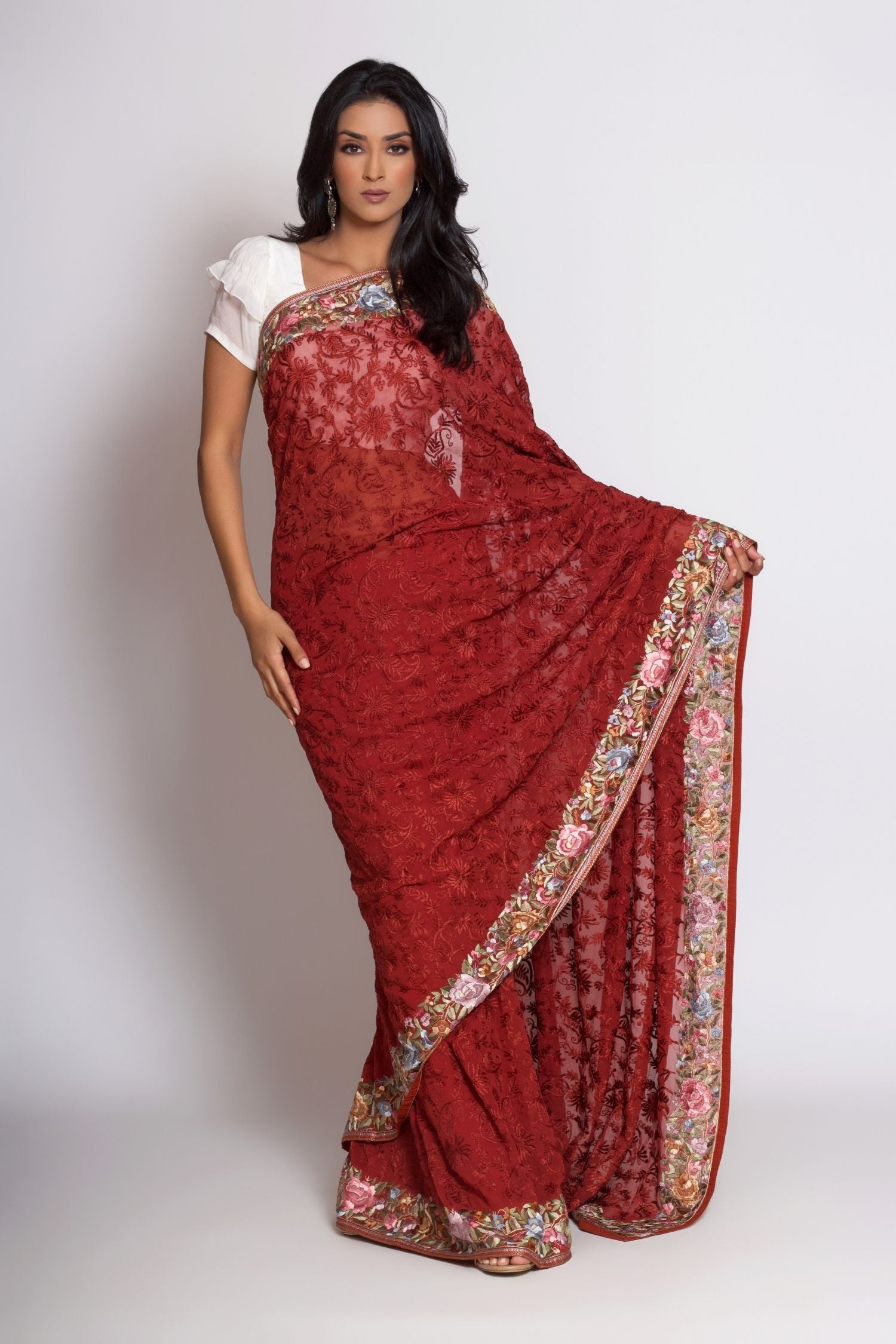 Red Brown Hand Embroidered Gara Parsi Saree