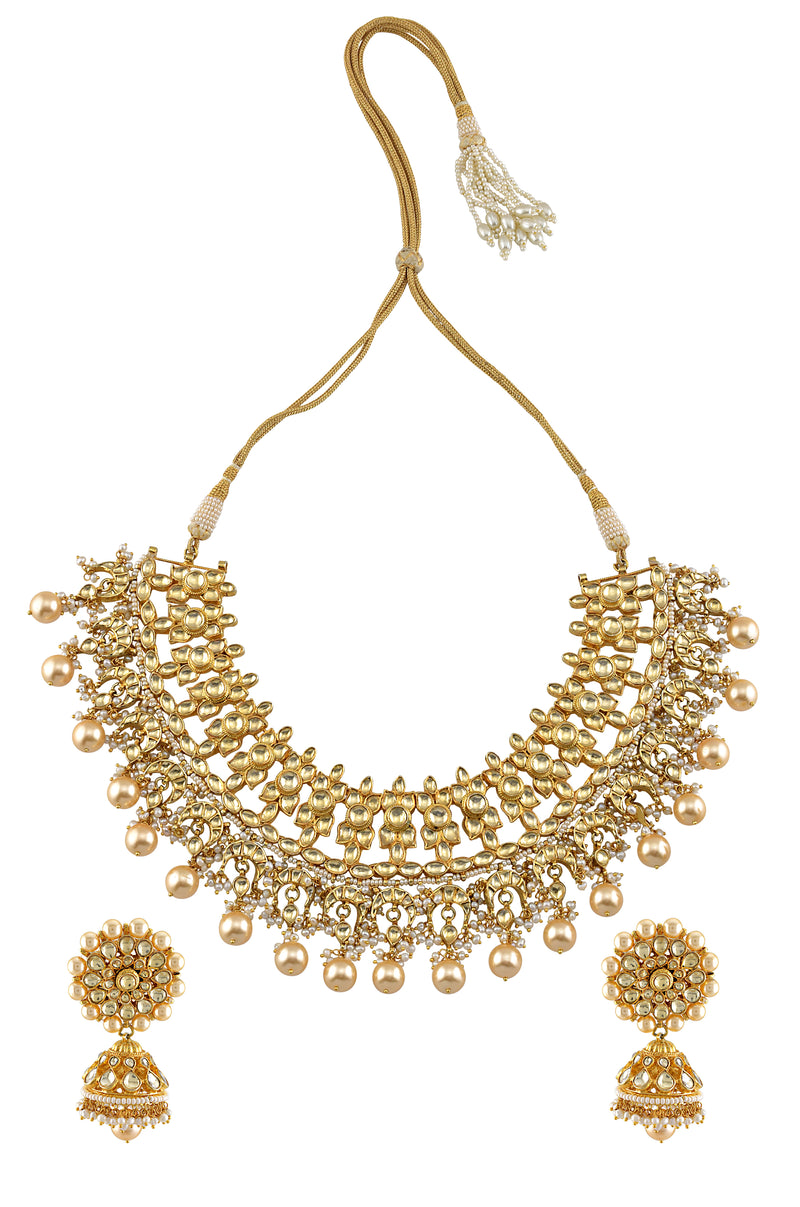 Silver Gold Plated Leafy Crystal Studded Pearl Necklace Set