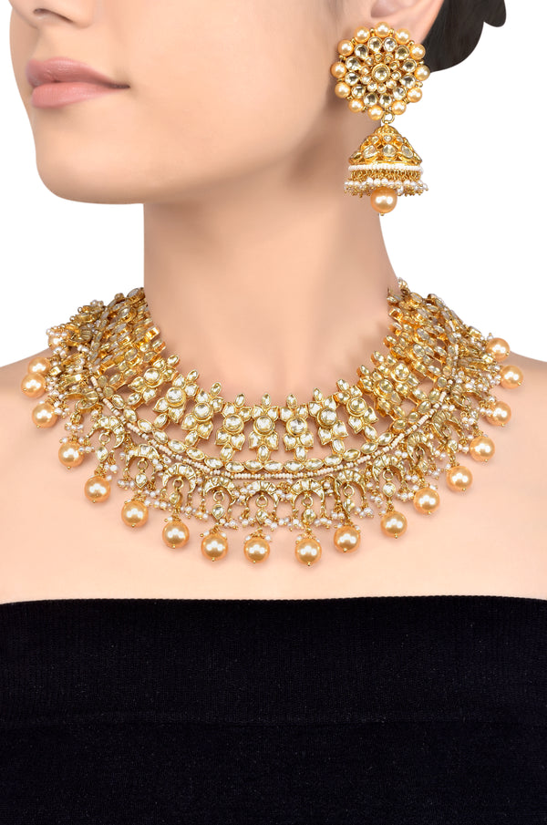 Silver Gold Plated Leafy Crystal Studded Pearl Necklace Set