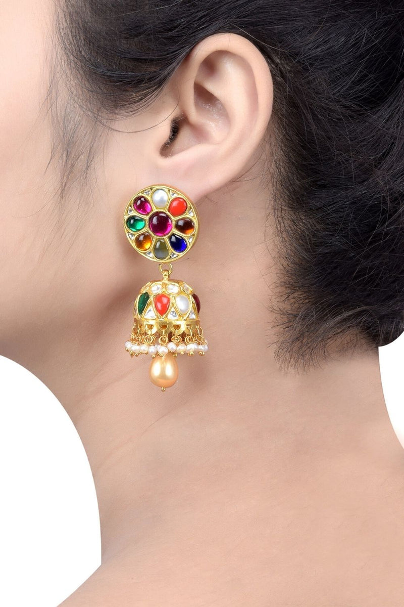 Silver Gold Plated Round Multicolor Jhumka Earrings