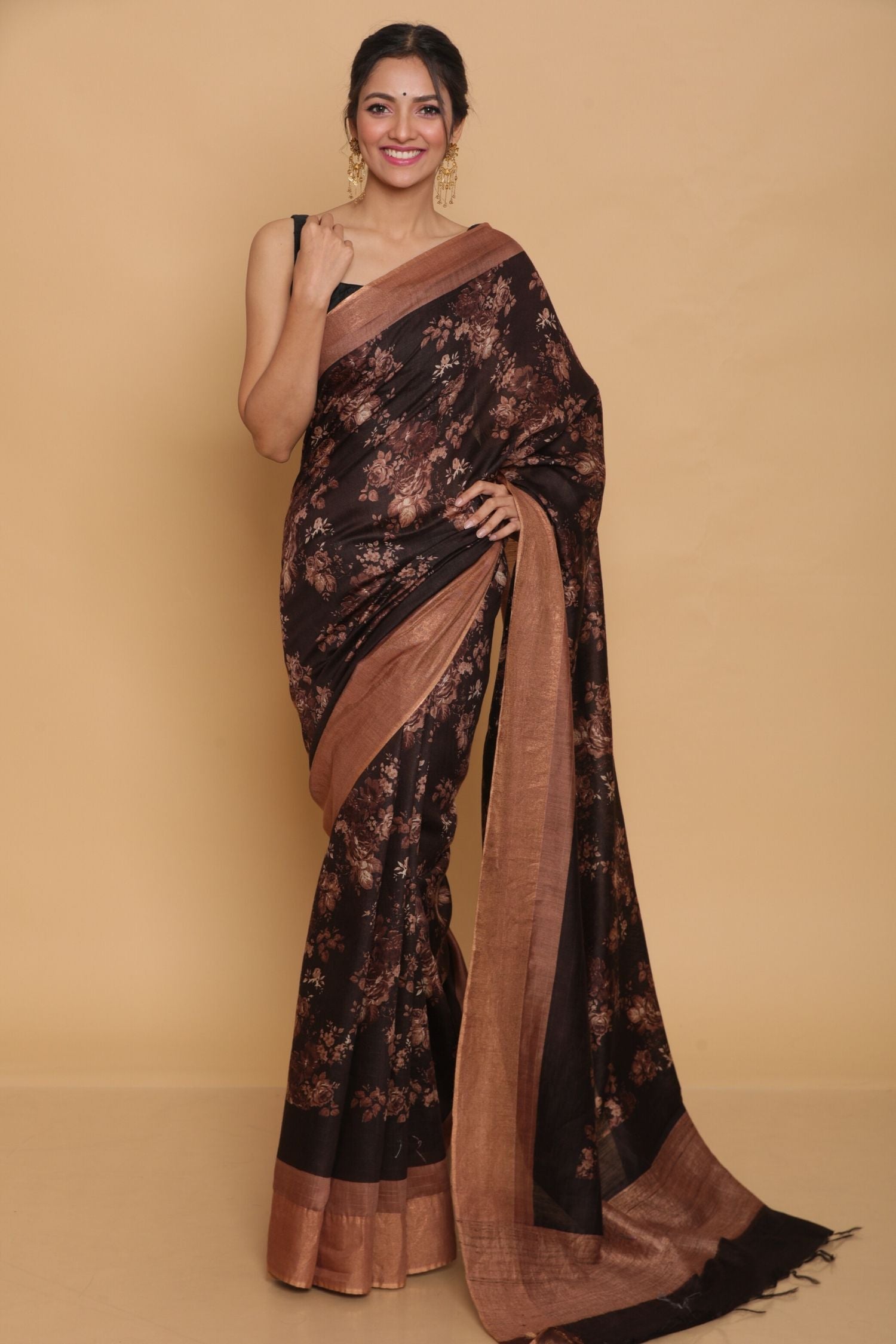 Brown Printed Tussar Saree