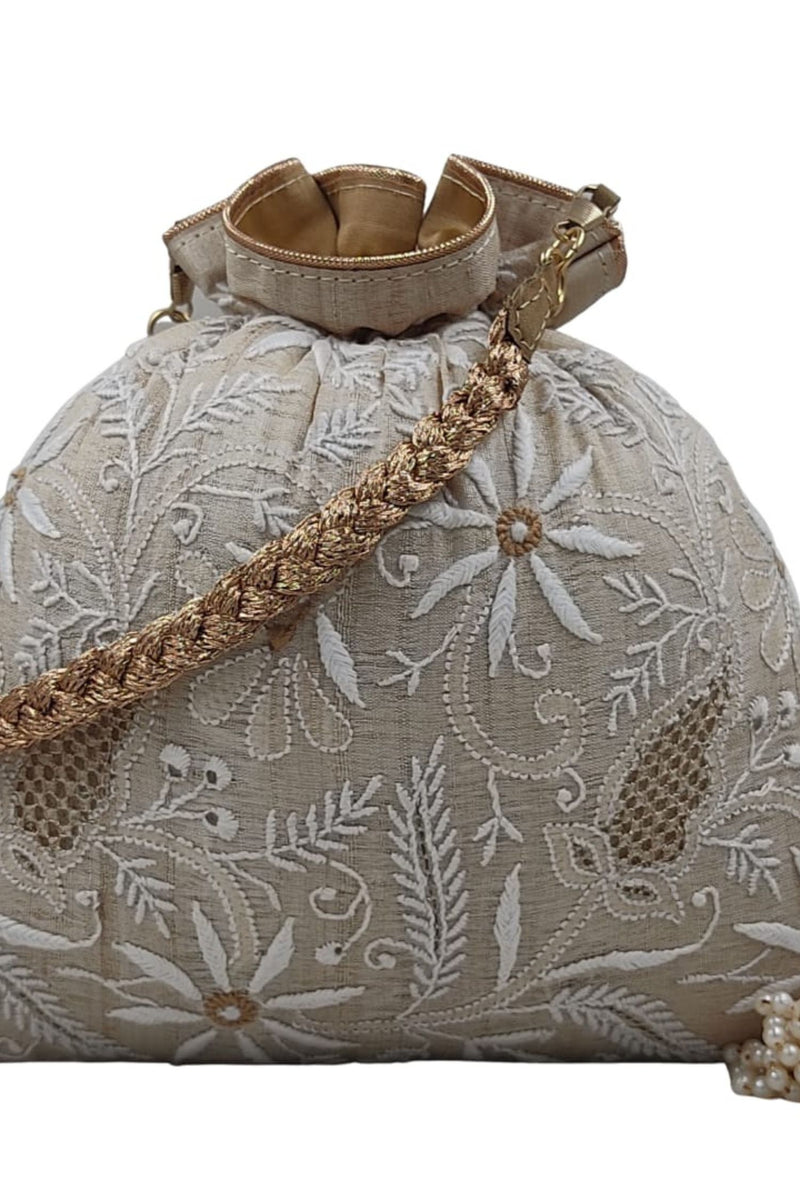 Beige Chikankari potli bag