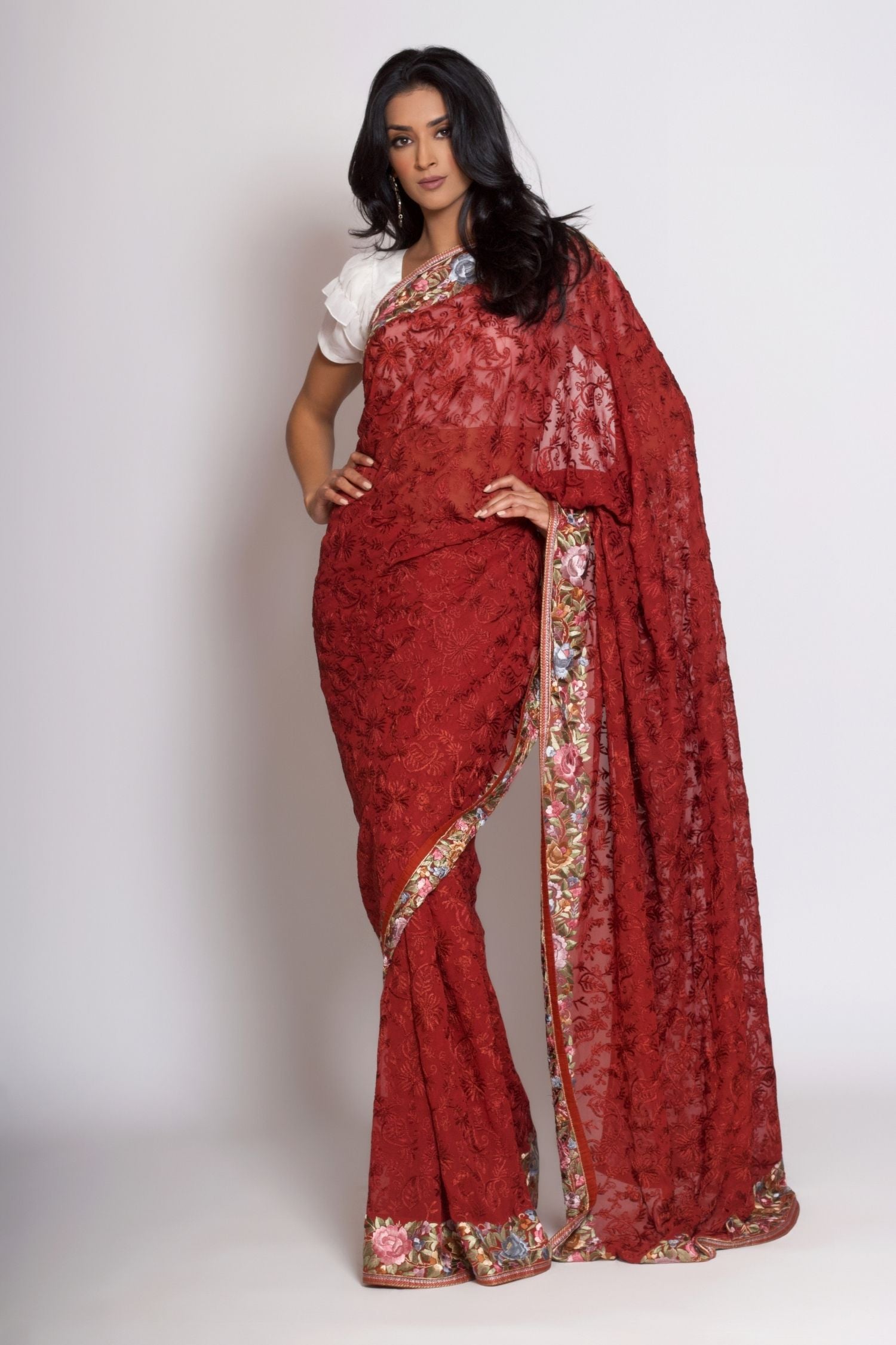 Red Brown Hand Embroidered Gara Parsi Saree