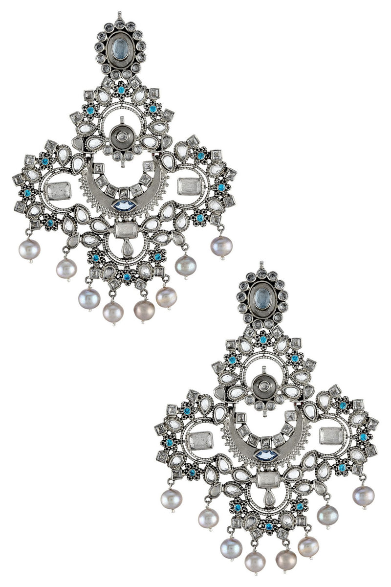Silver Oxidised White Blue Glass Pearl Atulya Earrings