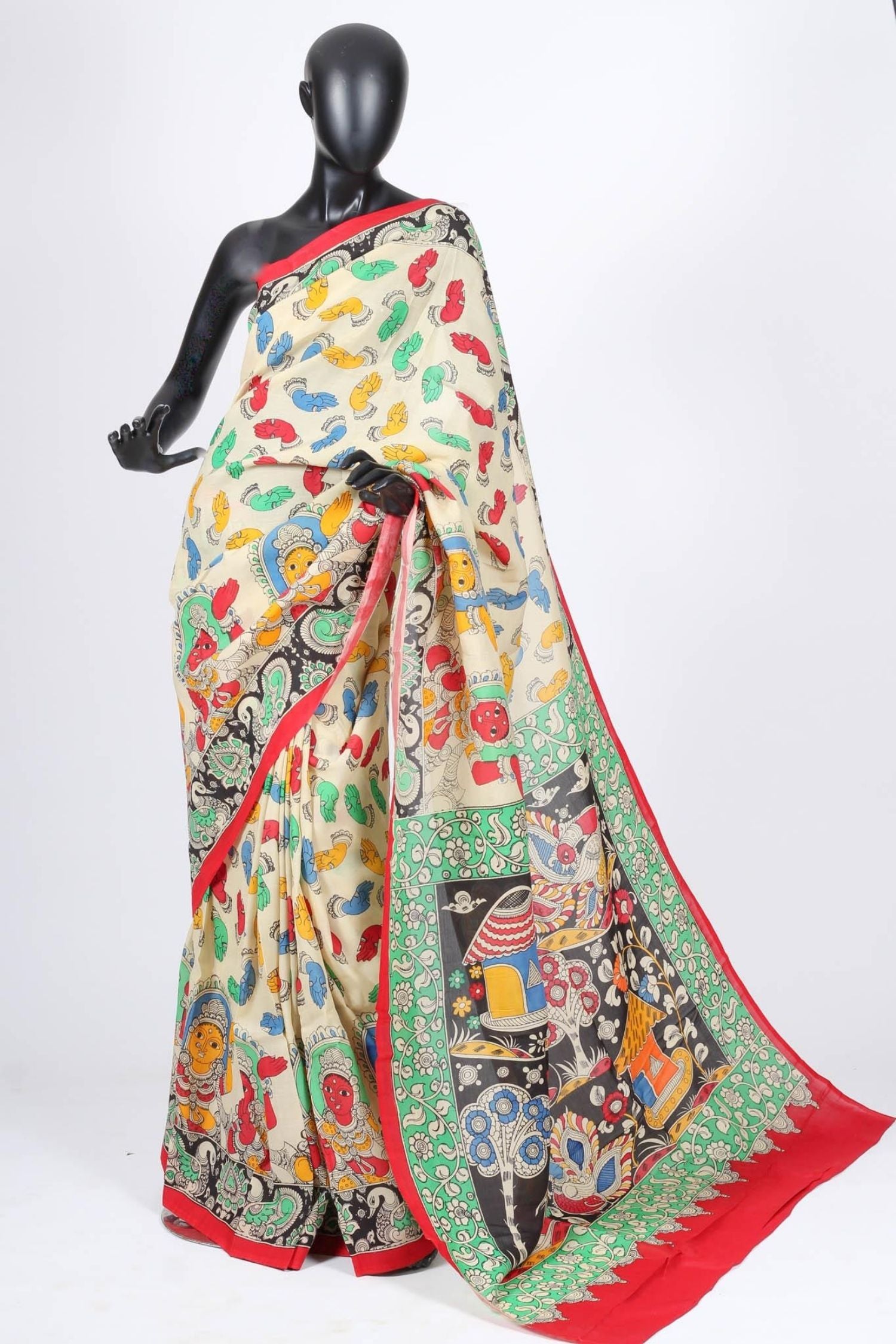 Beige chenoori silk kalamkari saree